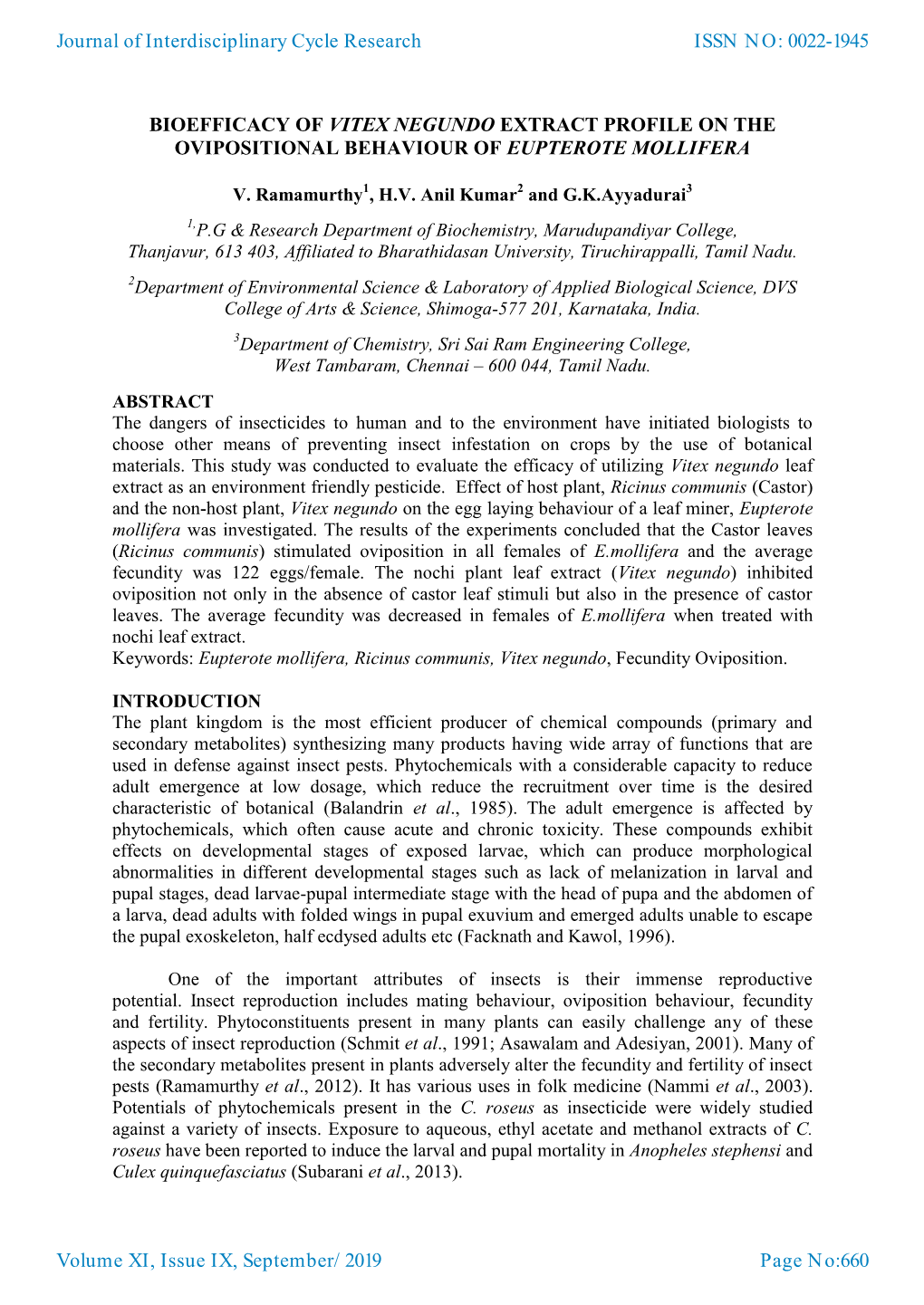 Bioefficacy of Vitex Negundo Extract Profile on the Ovipositional Behaviour of Eupterote Mollifera