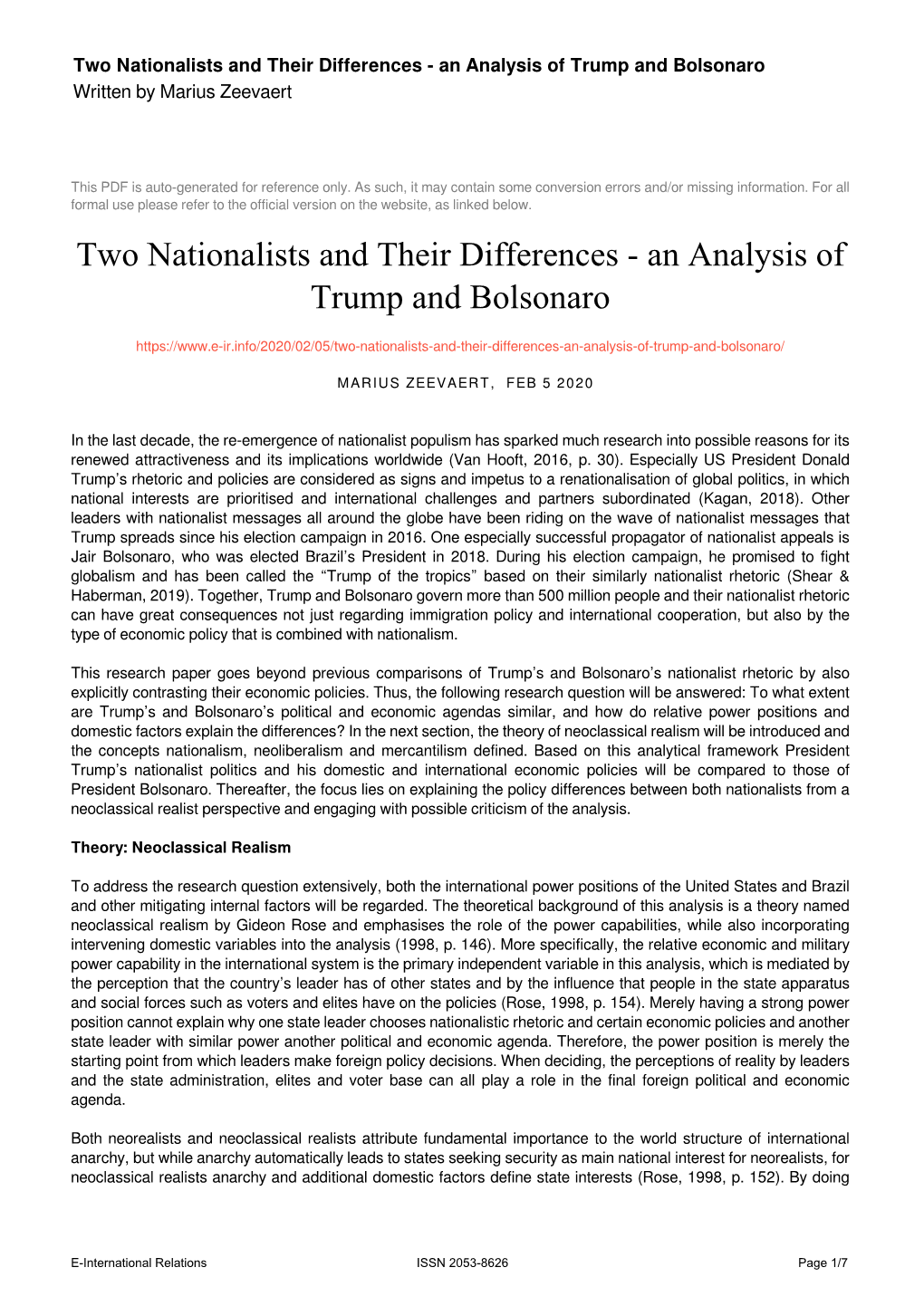 Two Nationalists and Their Differences - an Analysis of Trump and Bolsonaro Written by Marius Zeevaert