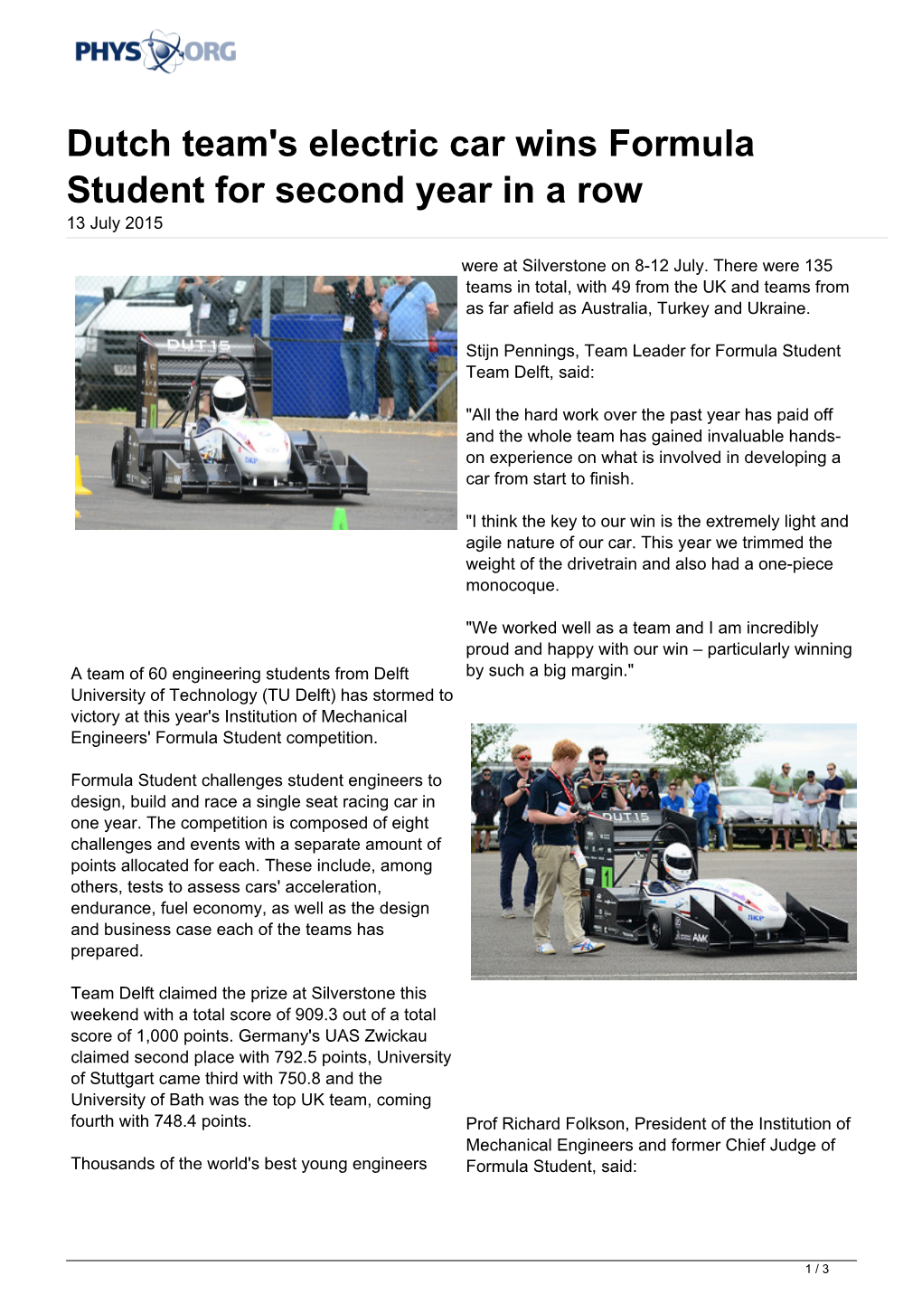 Dutch Team's Electric Car Wins Formula Student for Second Year in a Row 13 July 2015