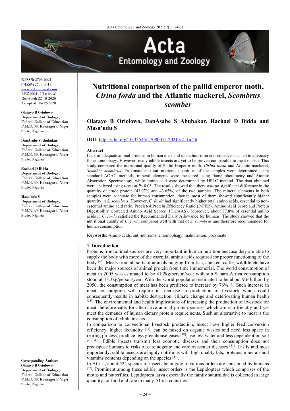 Nutritional Comparison of the Pallid Emperor Moth, Cirina Forda and The