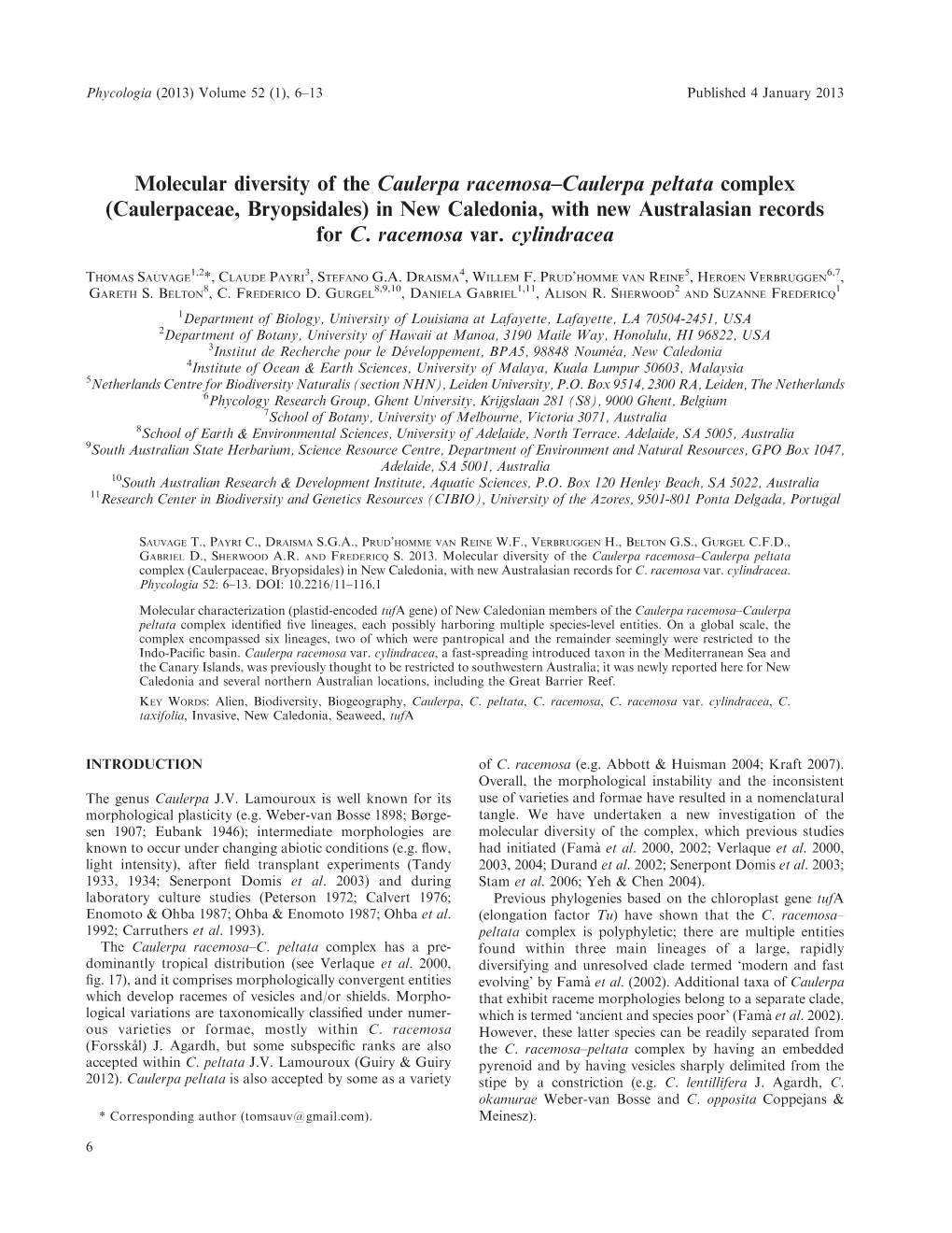 Molecular Diversity of the Caulerpa Racemosa–Caulerpa Peltata Complex (Caulerpaceae, Bryopsidales) in New Caledonia, with New Australasian Records for C