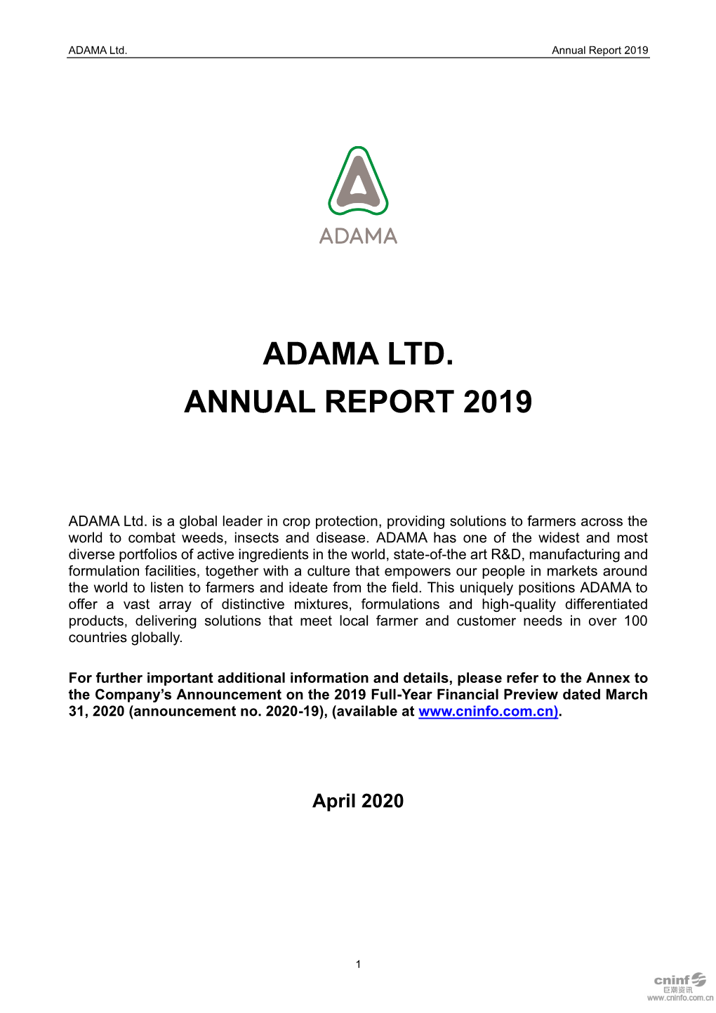 ADAMA Ltd. Annual Report 2019