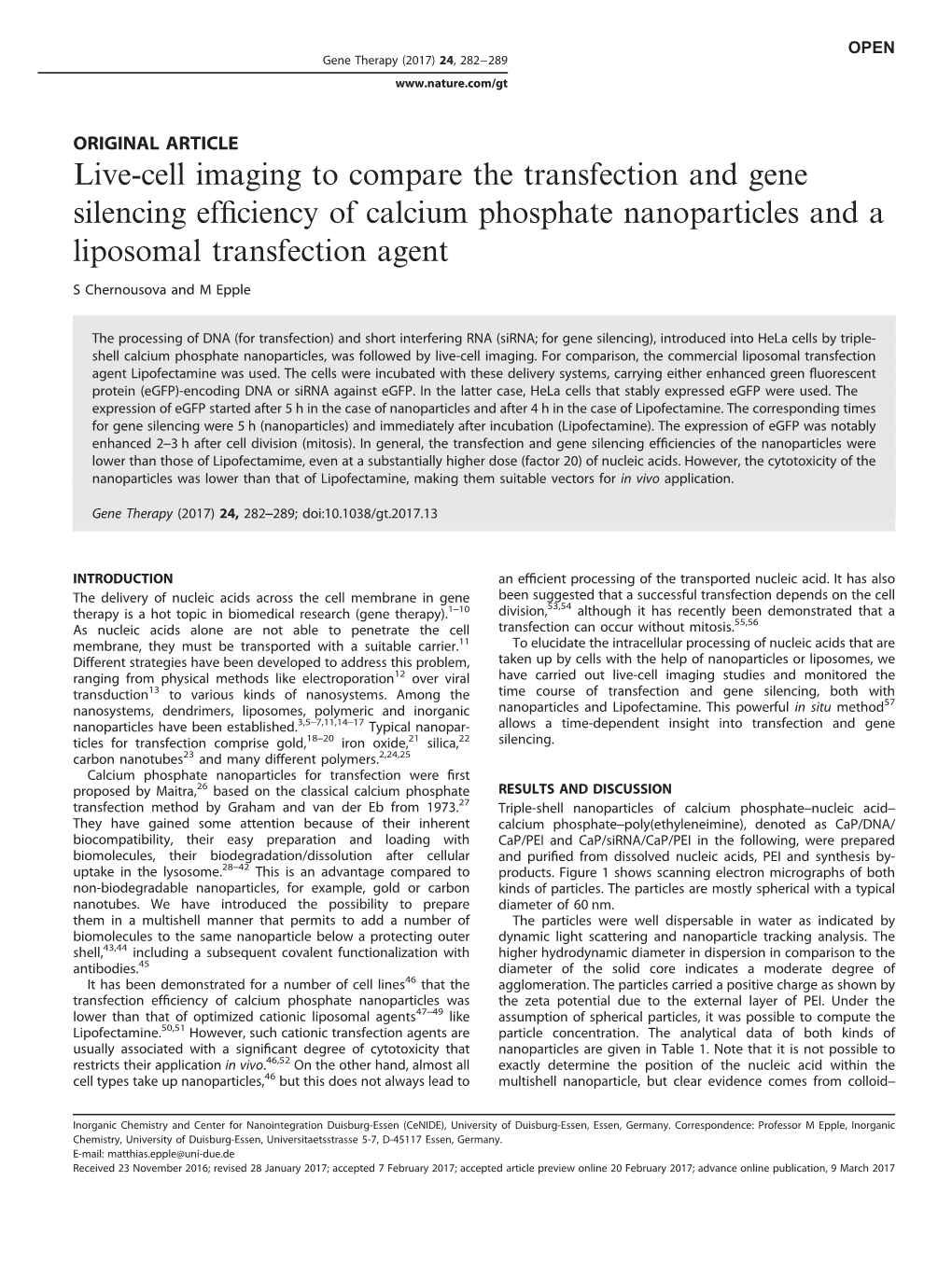 Live-Cell Imaging to Compare the Transfection and Gene Silencing Efﬁciency of Calcium Phosphate Nanoparticles and a Liposomal Transfection Agent