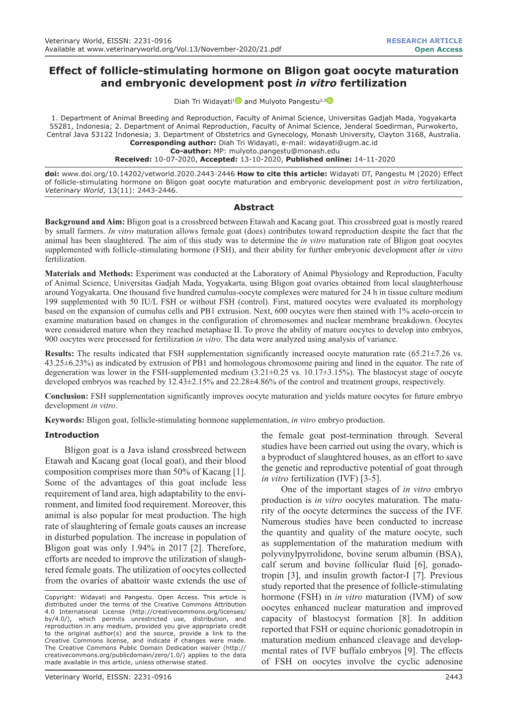 Effect of Follicle-Stimulating Hormone on Bligon Goat Oocyte Maturation and Embryonic Development Post in Vitro Fertilization