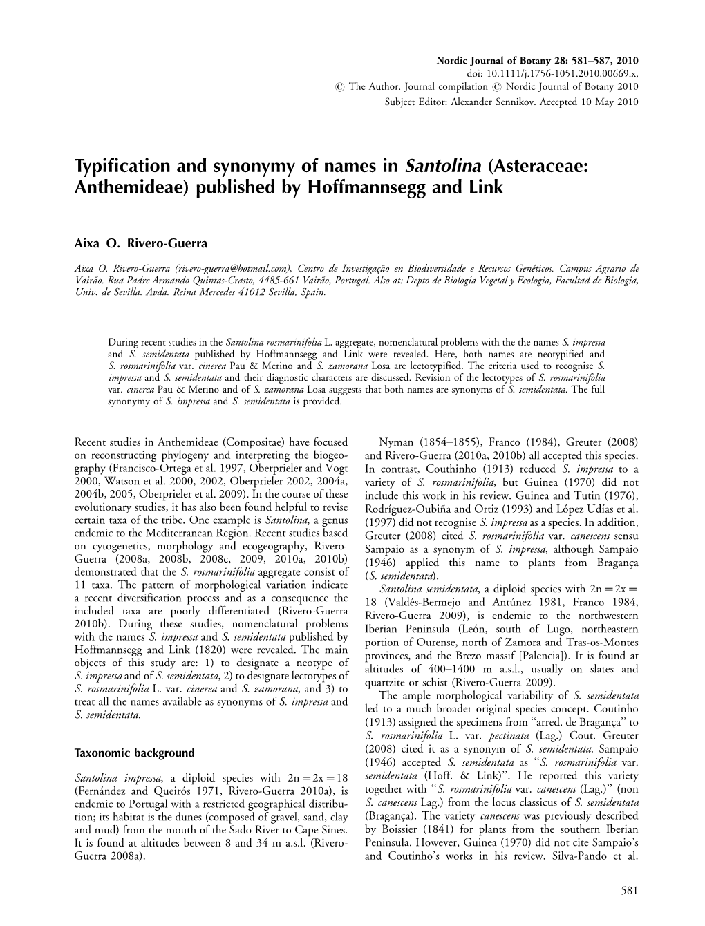 Typification and Synonymy of Names in Santolina (Asteraceae: Anthemideae) Published by Hoffmannsegg and Link