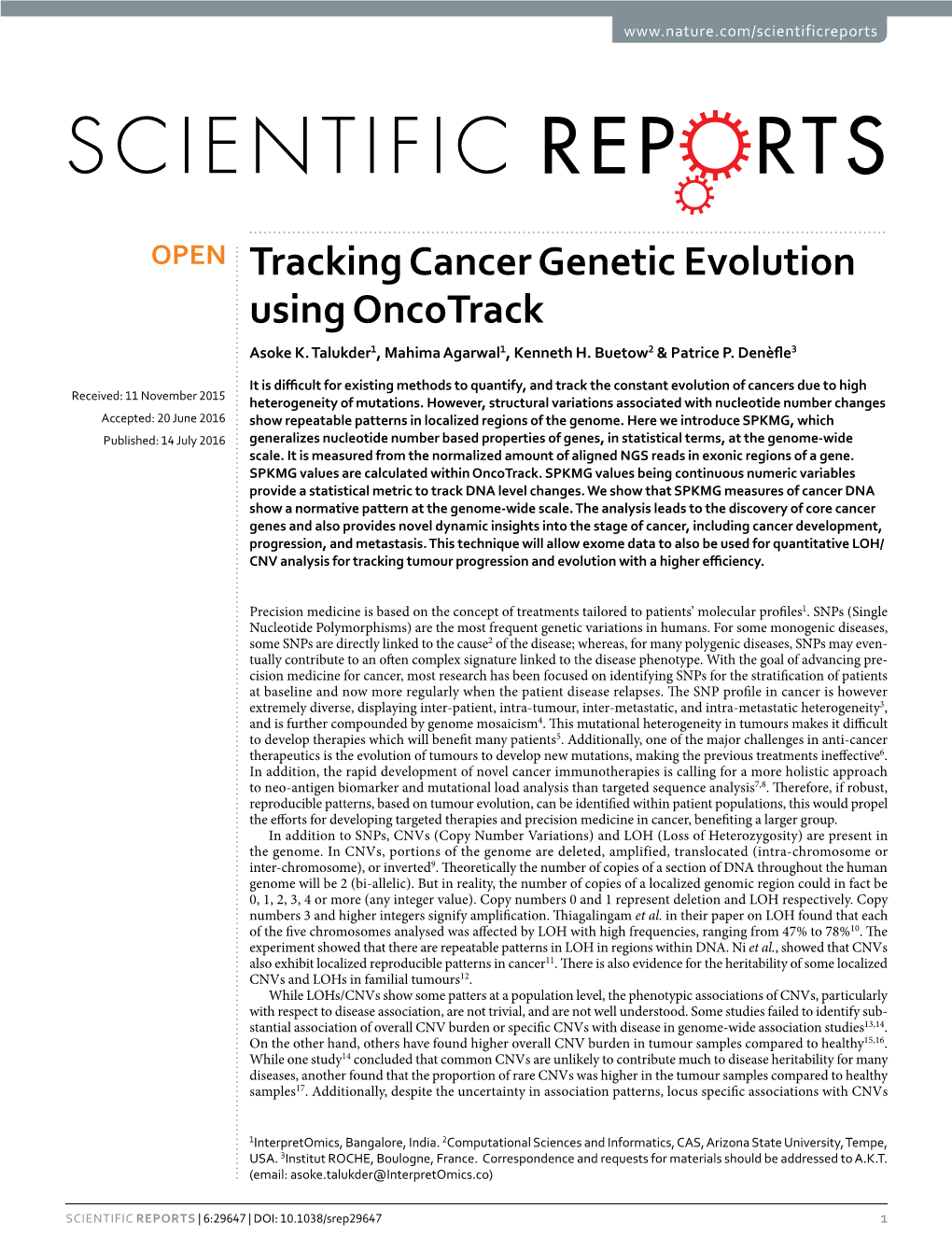 Tracking Cancer Genetic Evolution Using Oncotrack Asoke K