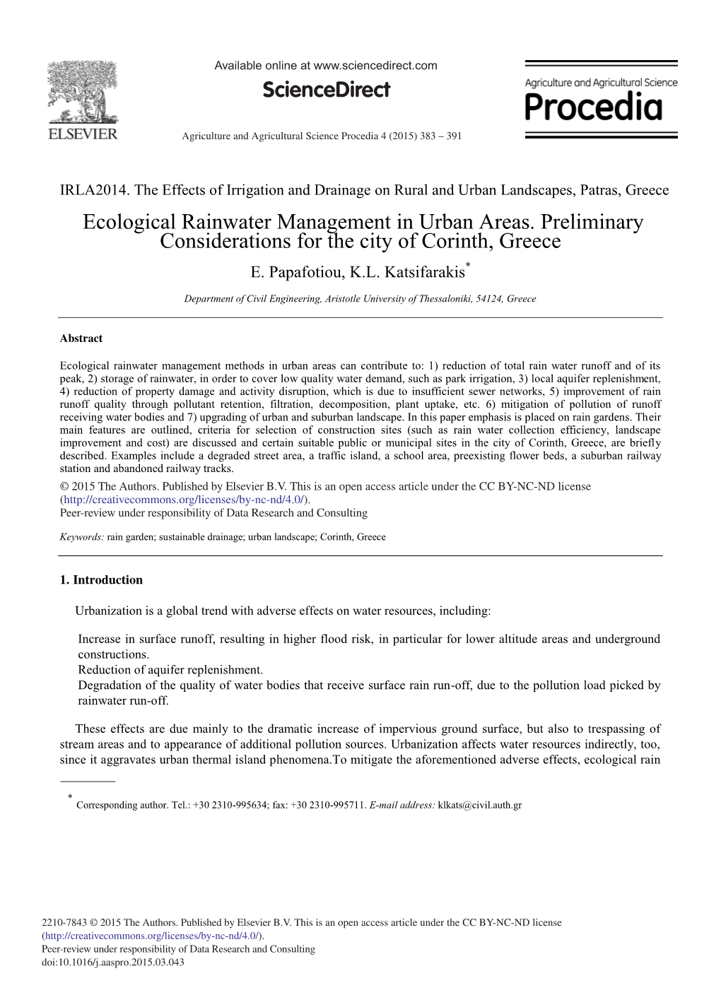 Ecological Rainwater Management in Urban Areas. Preliminary Considerations for the City of Corinth, Greece E