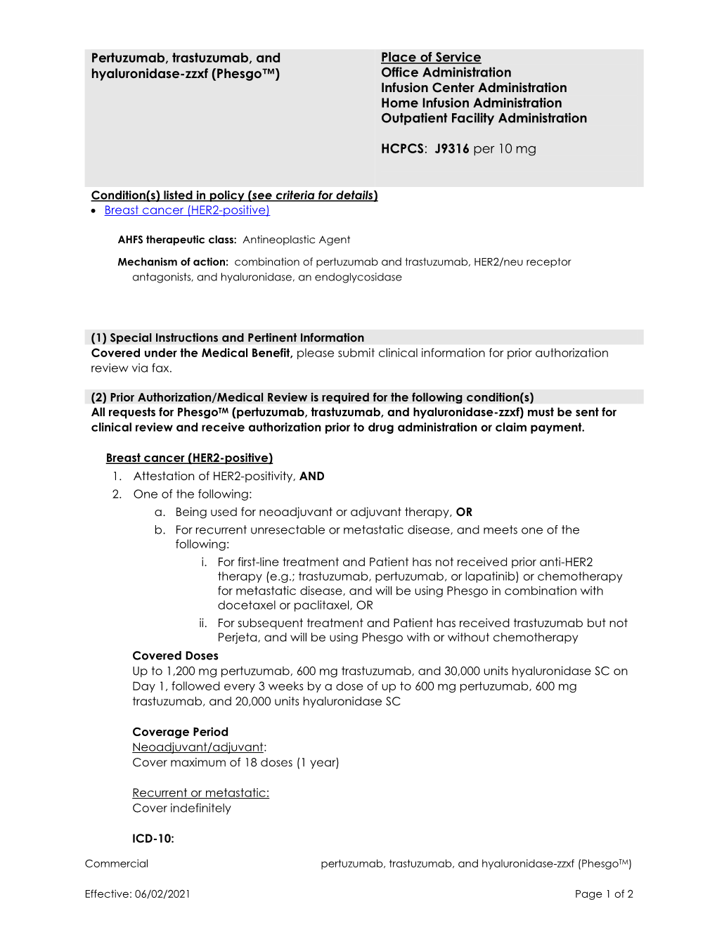 Pertuzumab, Trastuzumab, and Hyaluronidase-Zzxf) Must Be Sent for Clinical Review and Receive Authorization Prior to Drug Administration Or Claim Payment