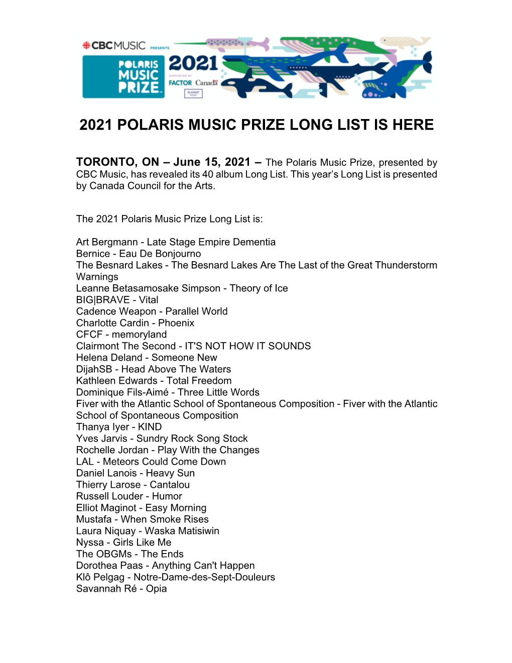 2021 Polaris Music Prize Long List Is Here / La Longue Liste Du Prix De