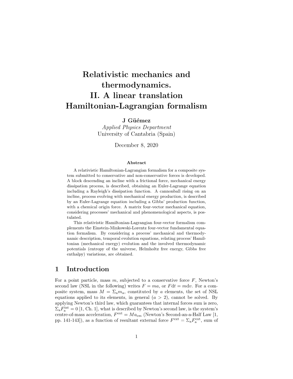 Relativistic Mechanics and Thermodynamics. II. a Linear Translation Hamiltonian-Lagrangian Formalism