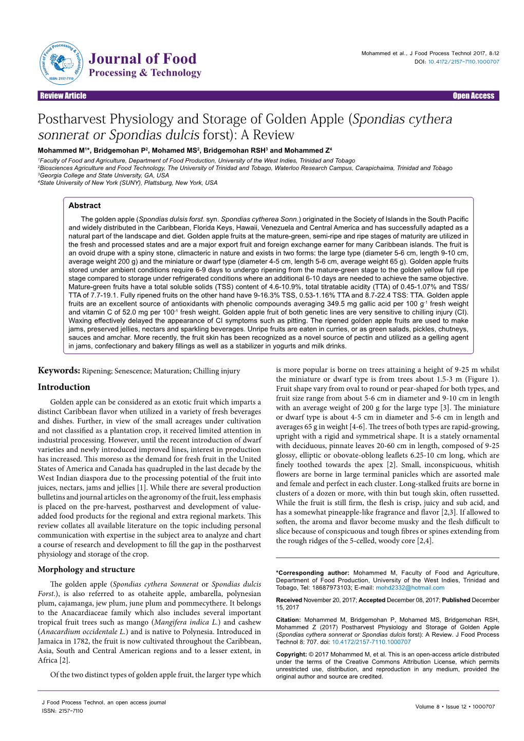 Postharvest Physiology and Storage of Golden Apple (Spondias Cythera