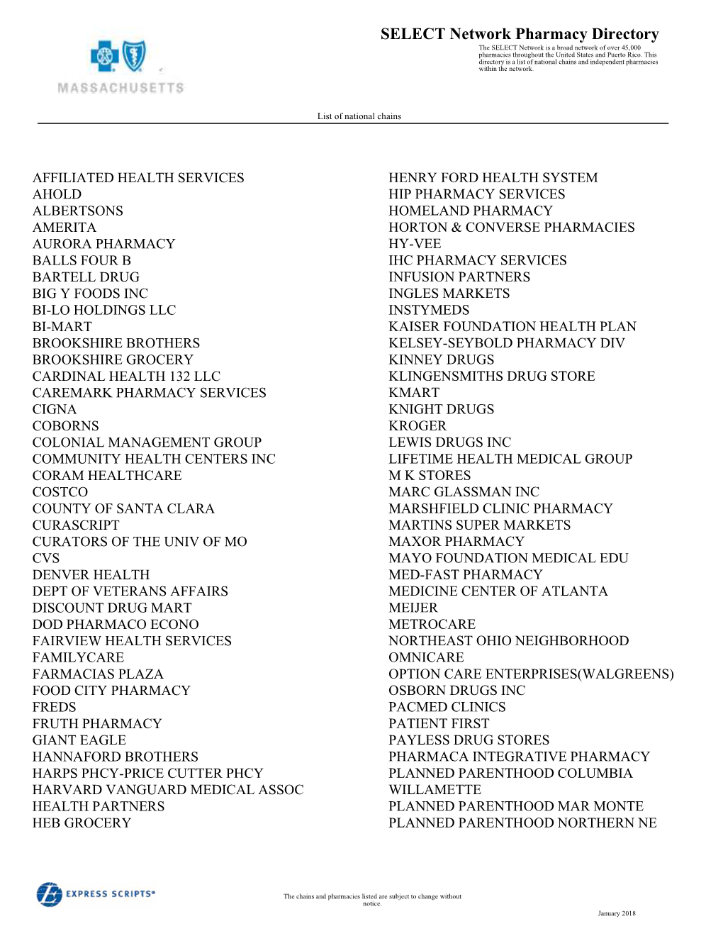 SELECT Network Pharmacy Directory the SELECT Network Is a Broad Network of Over 45,000 Pharmacies Throughout the United States and Puerto Rico