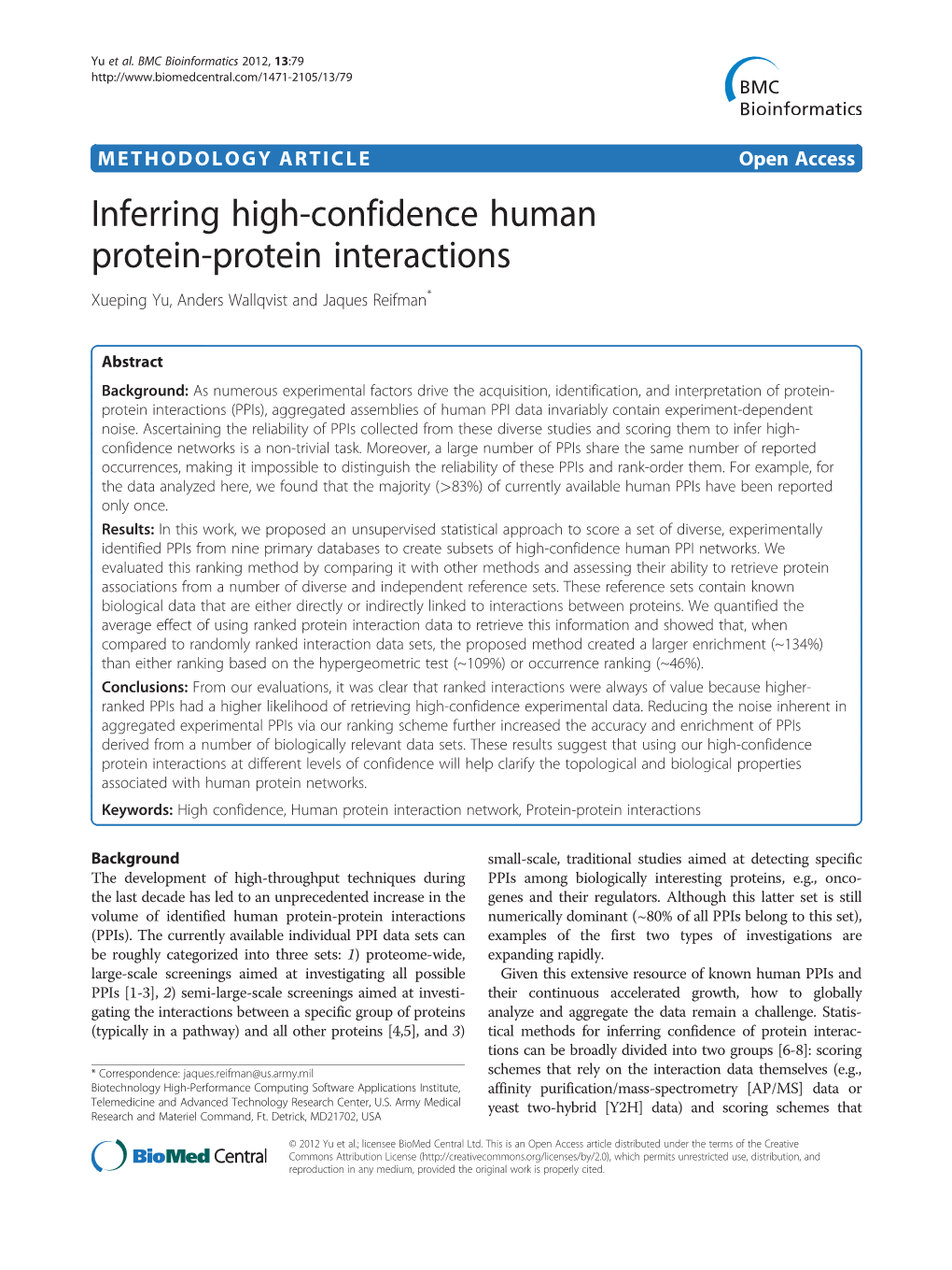 Inferring High-Confidence Human Protein-Protein Interactions Xueping Yu, Anders Wallqvist and Jaques Reifman*