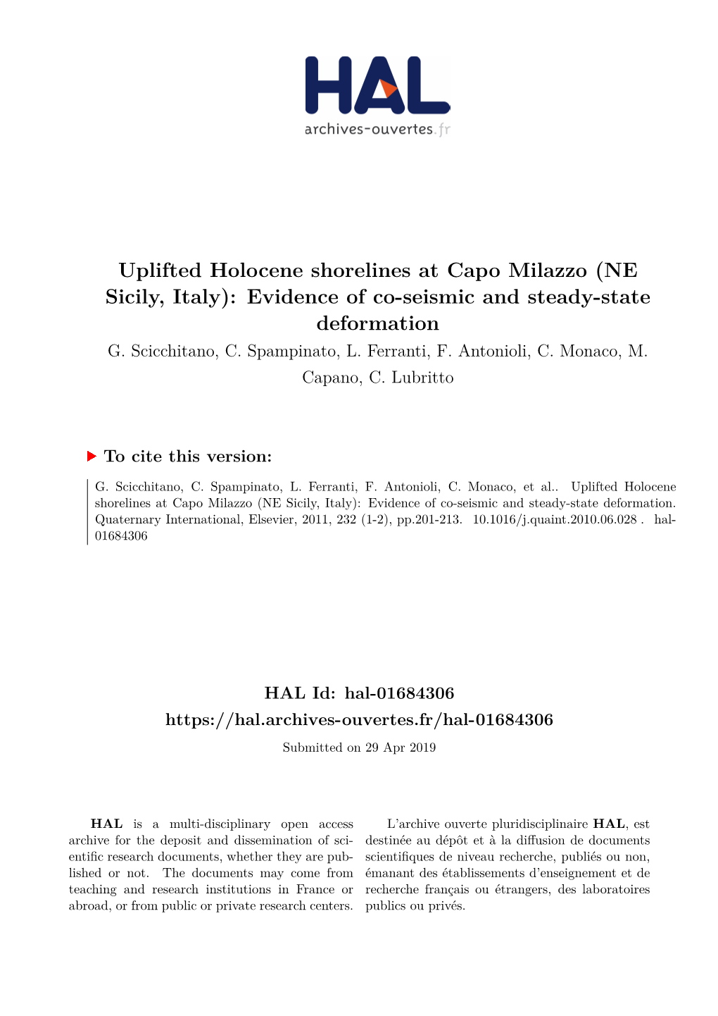 Uplifted Holocene Shorelines at Capo Milazzo (NE Sicily, Italy): Evidence of Co-Seismic and Steady-State Deformation G