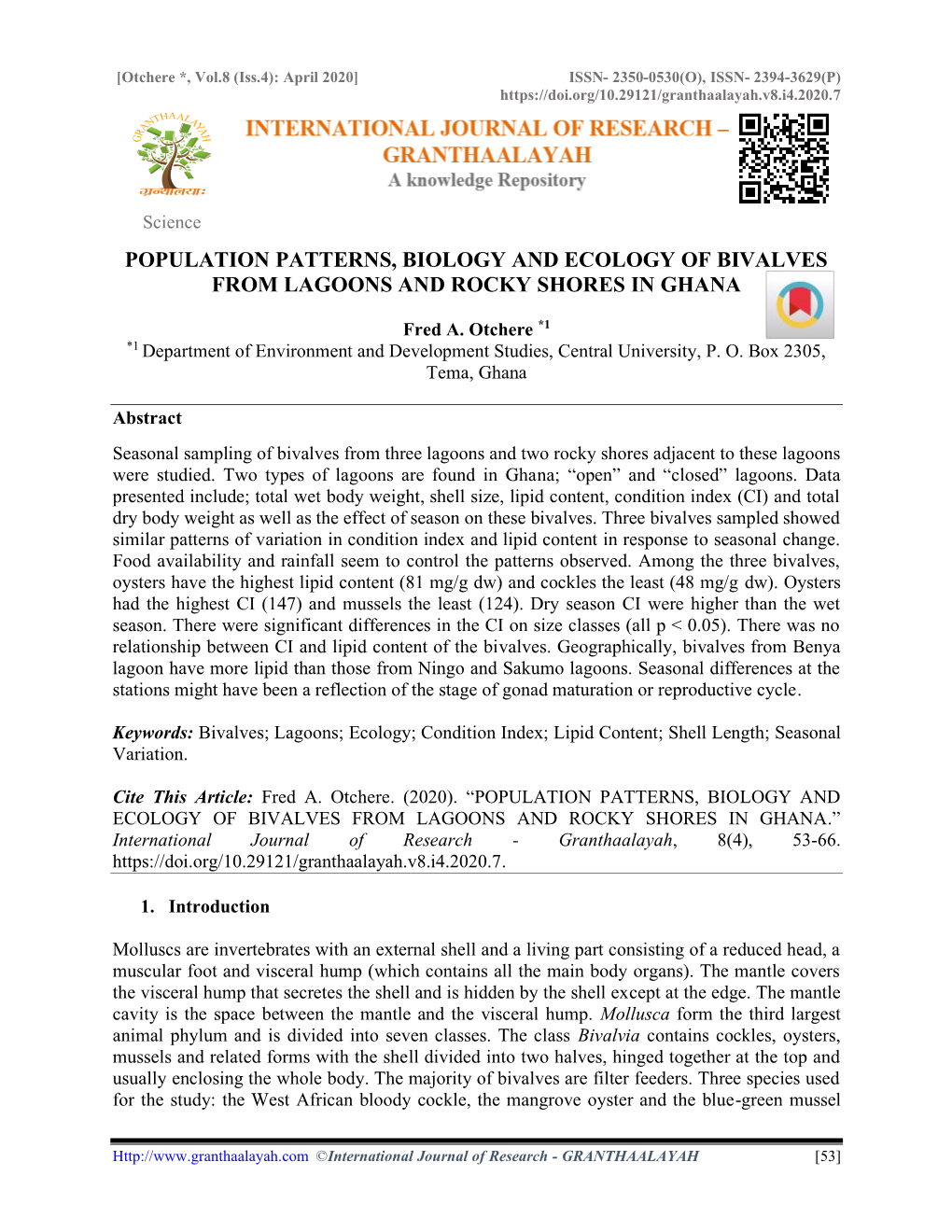 Population Patterns, Biology and Ecology of Bivalves from Lagoons and Rocky Shores in Ghana