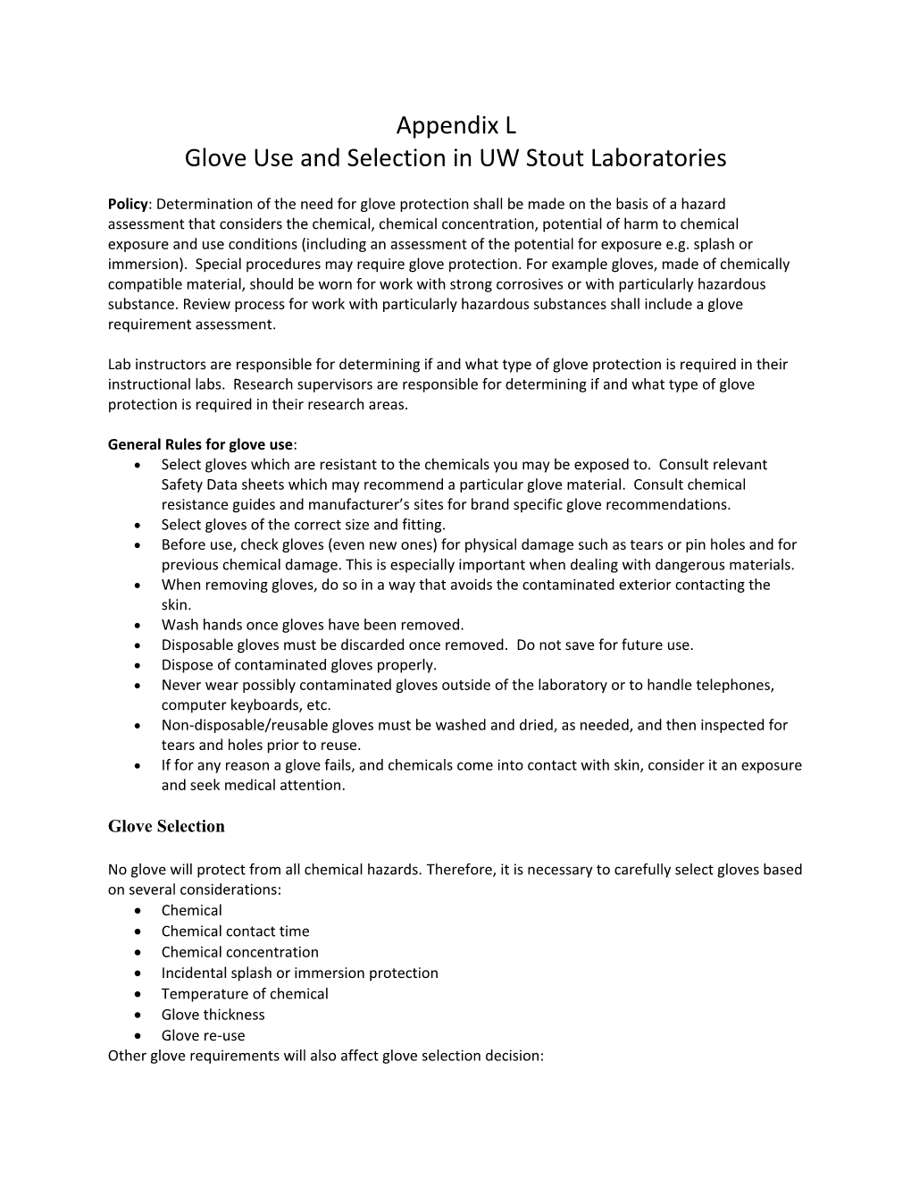 Glove Use and Selection in UW Stout Laboratories