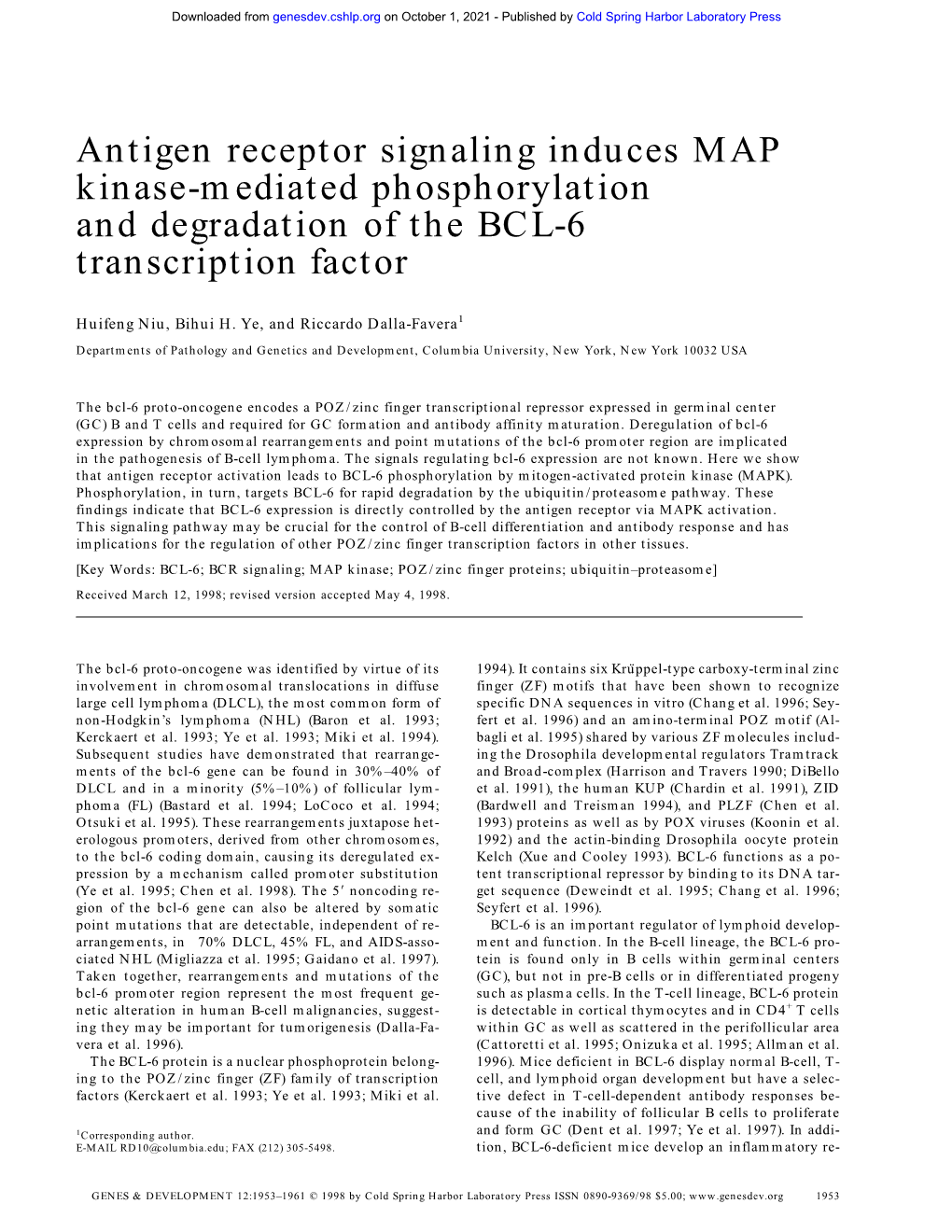 Antigen Receptor Signaling Induces MAP Kinase-Mediated Phosphorylation and Degradation of the BCL-6 Transcription Factor