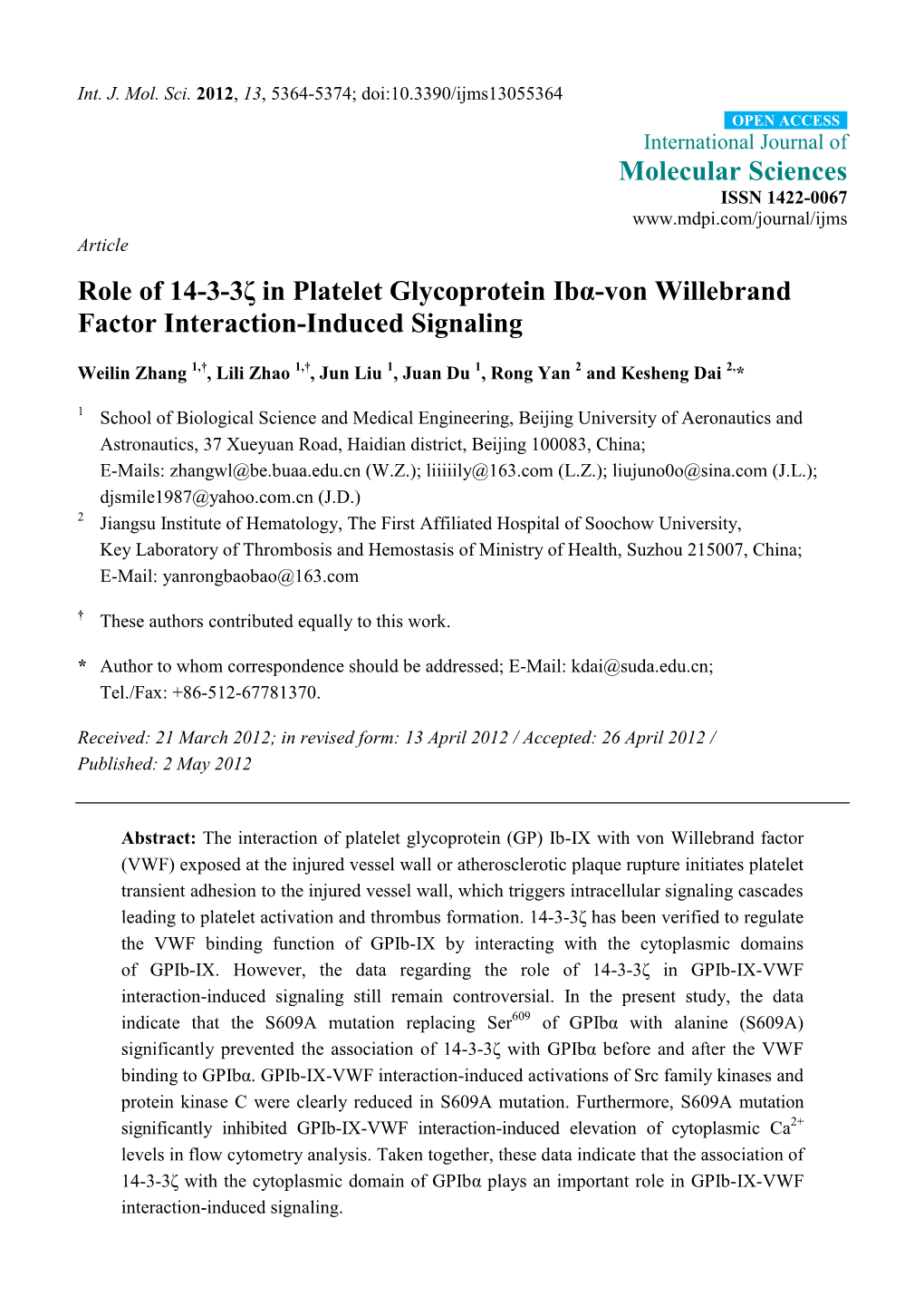 Role of 14-3-3Ζ in Platelet Glycoprotein Ibα-Von Willebrand Factor Interaction-Induced Signaling