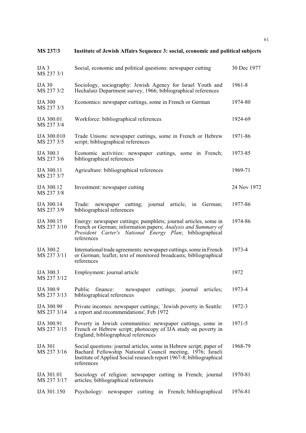 MS 237/3 Institute of Jewish Affairs Sequence 3: Social, Economic and Political Subjects