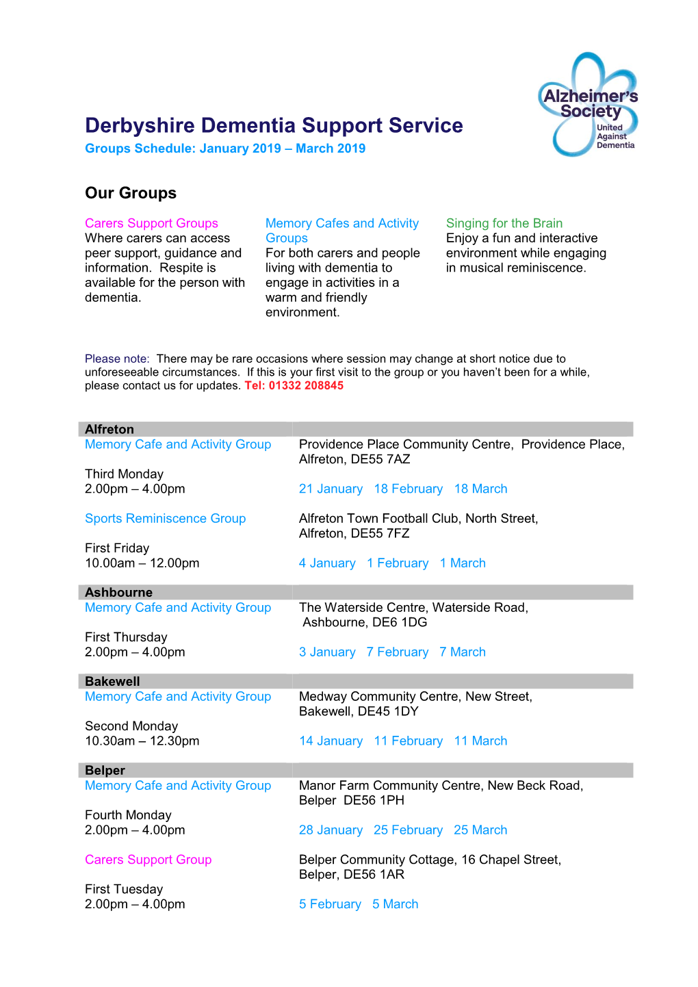 Derbyshire Dementia Support Service Groups Schedule: January 2019 – March 2019