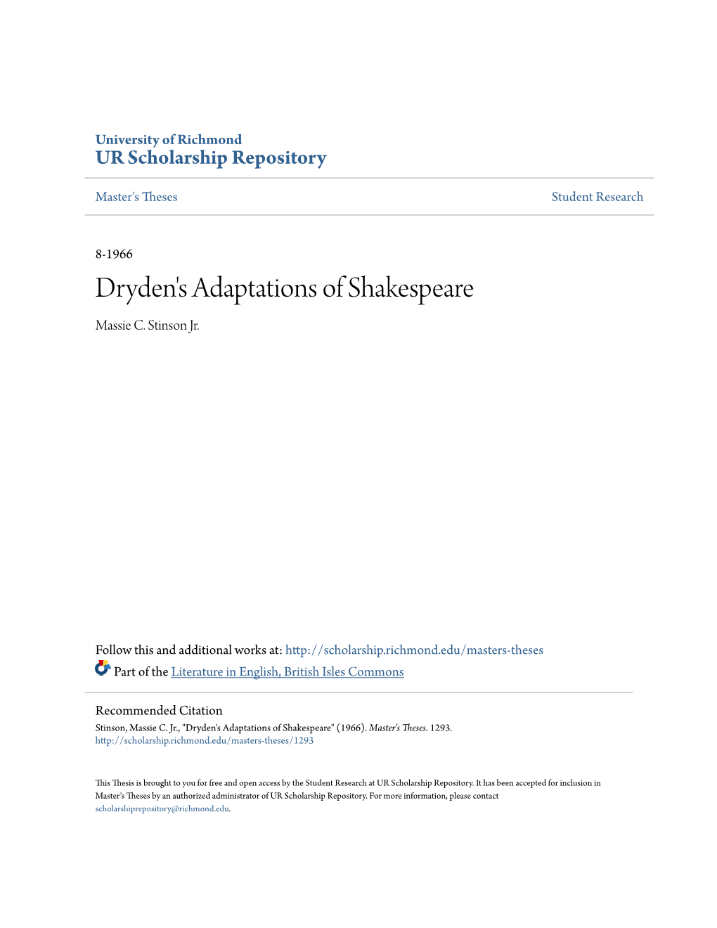 Dryden's Adaptations of Shakespeare Massie C