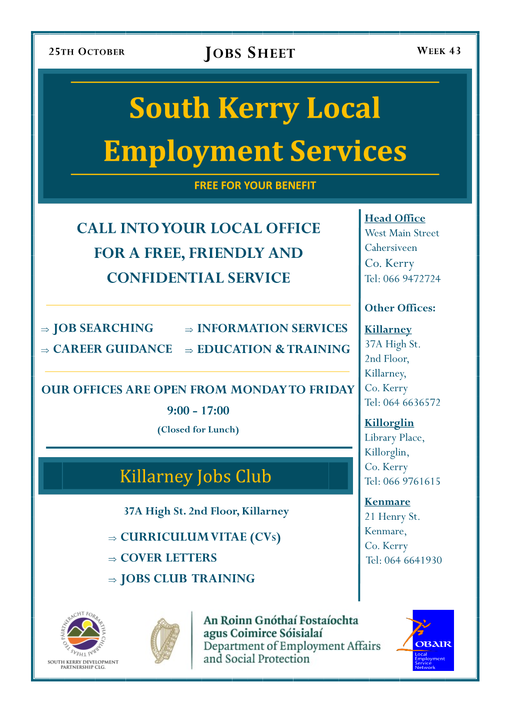 JOBS SHEET WEEK 43 South Kerry Local Employment Services