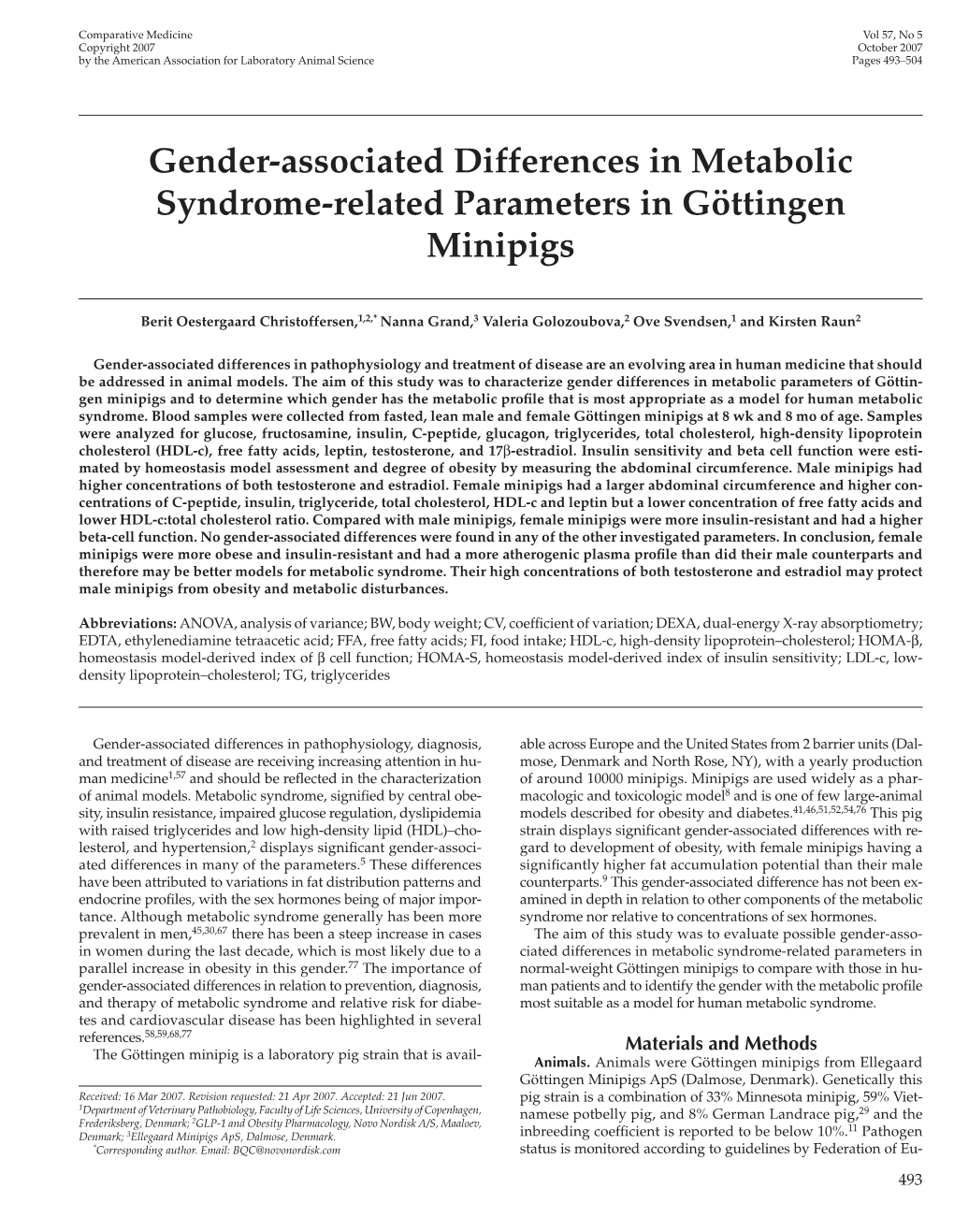 Gender-Associated Differences in Metabolic Syndrome-Related Parameters in Göttingen Minipigs