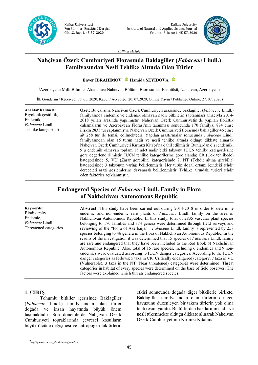 Nahçivan Özerk Cumhuriyeti Florasında Baklagiller (Fabaceae Lindl.) Familyasından Nesli Tehlike Altında Olan Türler