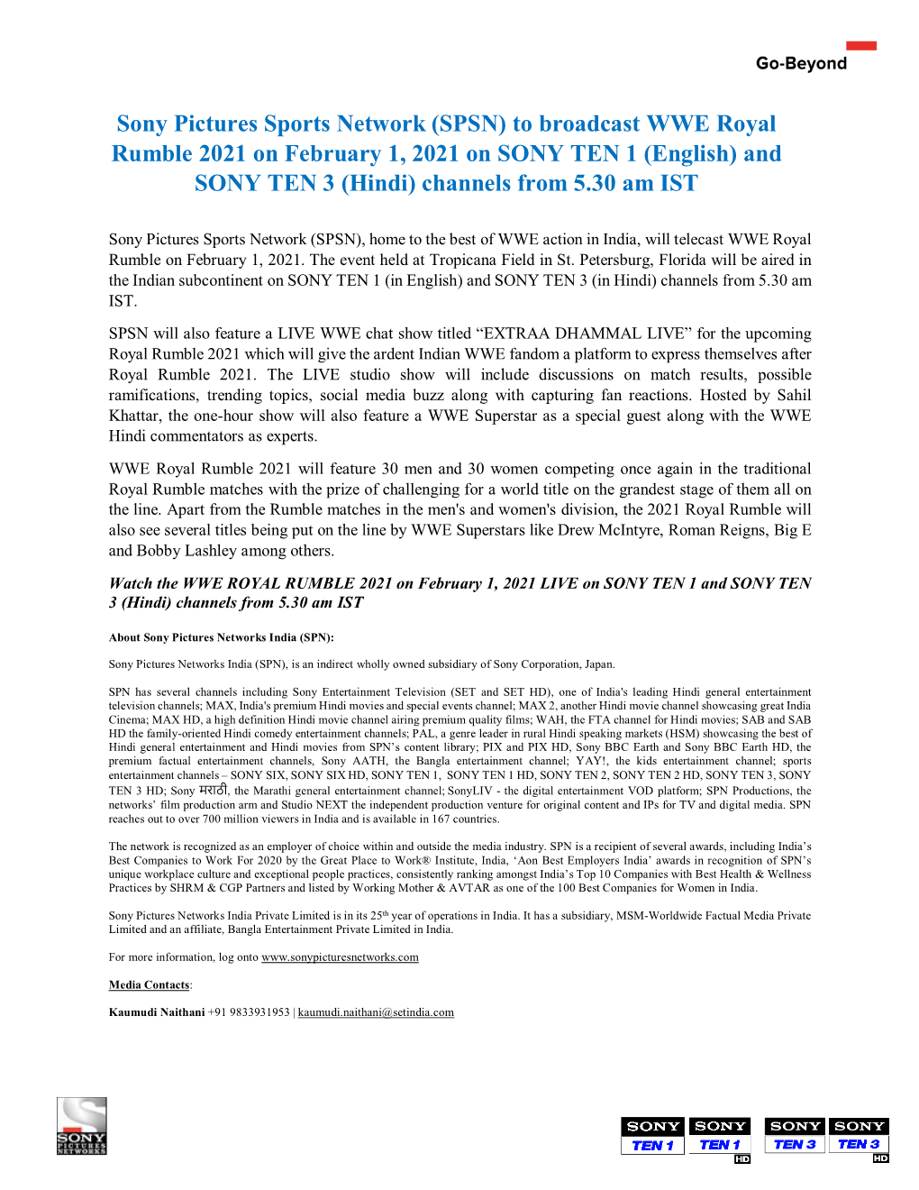 Sony Pictures Sports Network (SPSN) to Broadcast WWE Royal Rumble 2021 on February 1, 2021 on SONY TEN 1 (English) and SONY TEN 3 (Hindi) Channels from 5.30 Am IST