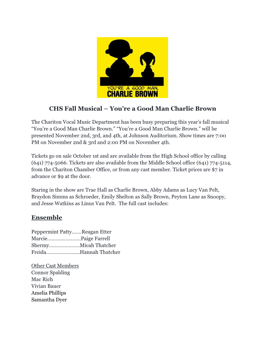 CHS Fall Musical – You're a Good Man Charlie Brown Ensemble