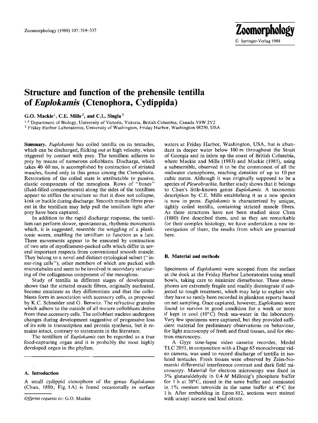 Structure and Function of the Prehensile Tentilla of Euplokamis (Ctenophora, Cydippida)