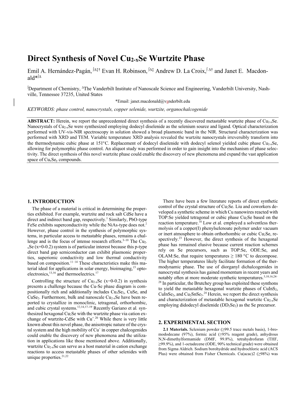 190506 Direct Synthesis of Novel Cu2-Xse Wurtzite Phase Repository