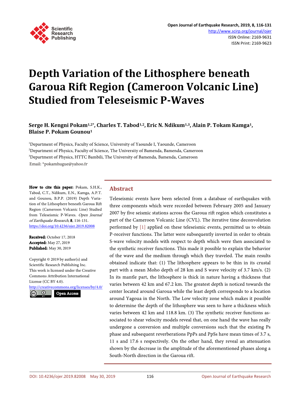 Depth Variation of the Lithosphere Beneath Garoua Rift Region (Cameroon Volcanic Line) Studied from Teleseismic P-Waves