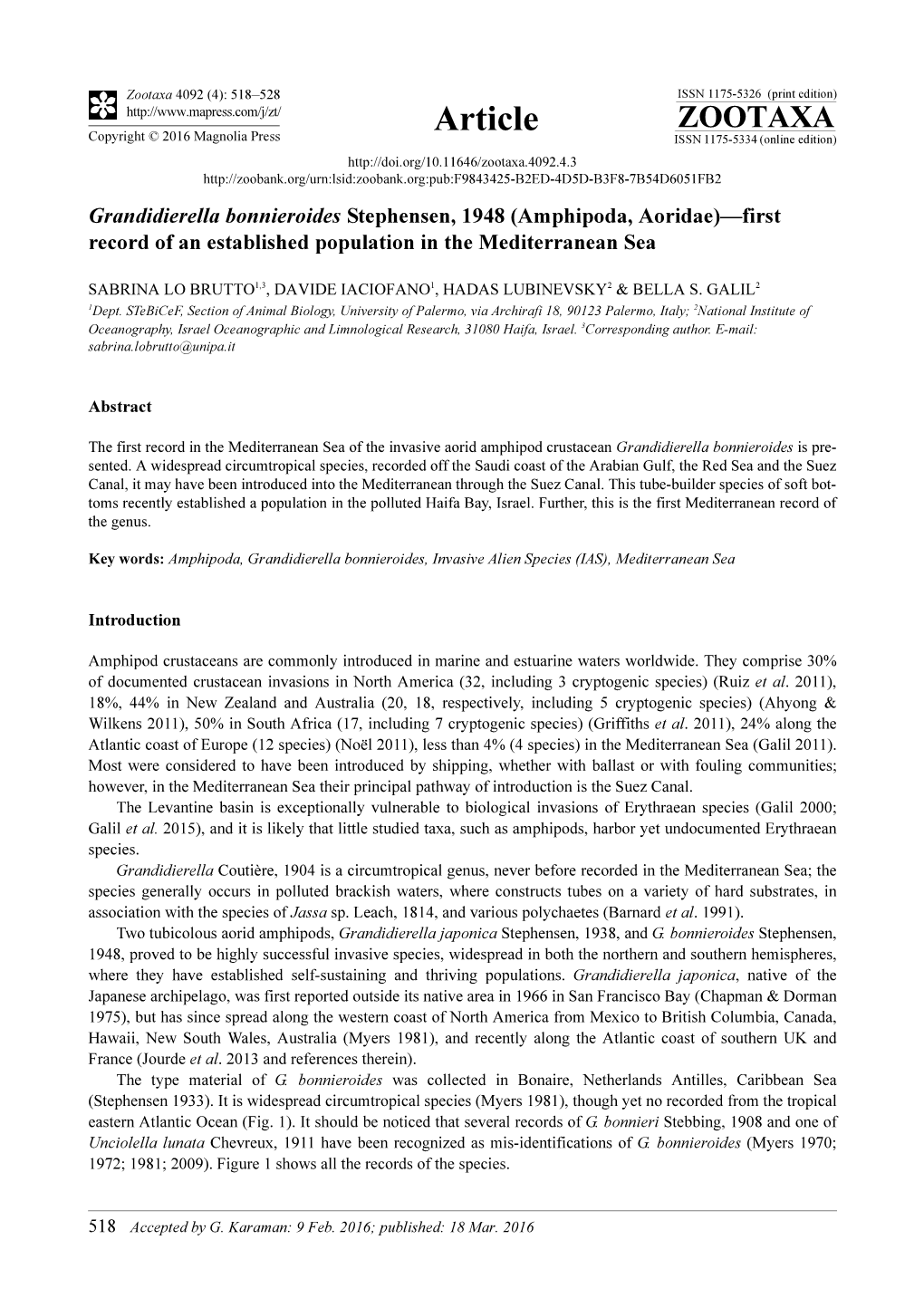 Grandidierella Bonnieroides Stephensen, 1948 (Amphipoda, Aoridae)—First Record of an Established Population in the Mediterranean Sea