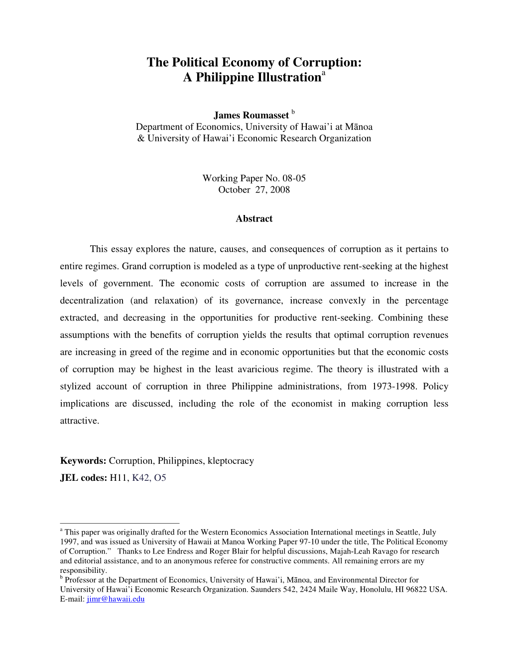 The Political Economy of Corruption: a Philippine Illustrationa