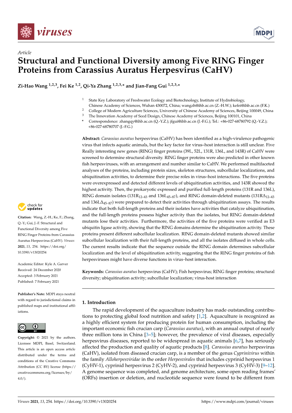 Structural and Functional Diversity Among Five RING Finger Proteins from Carassius Auratus Herpesvirus (Cahv)