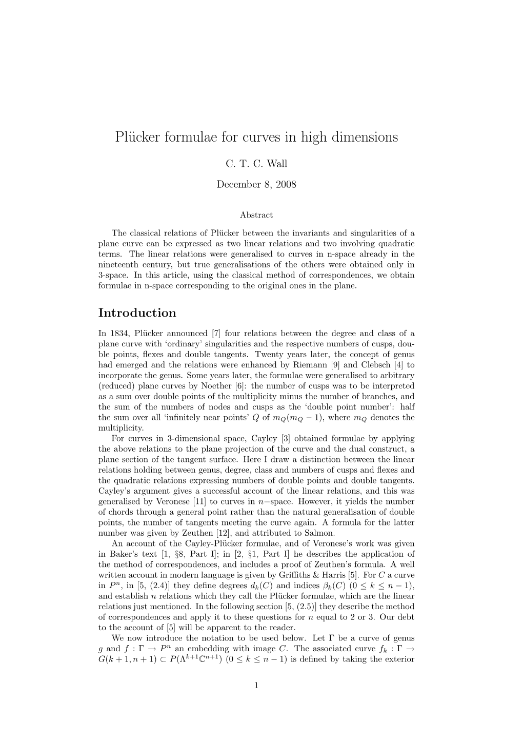 Plücker Formulae for Curves in High Dimensions