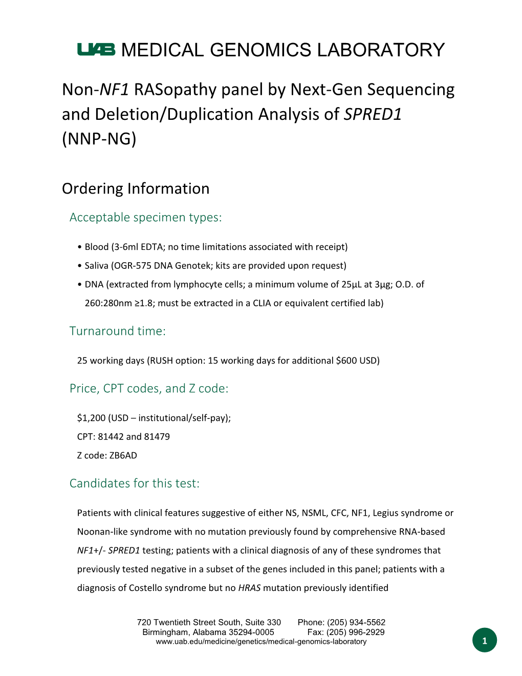 MEDICAL GENOMICS LABORATORY Non-NF1 Rasopathy Panel By