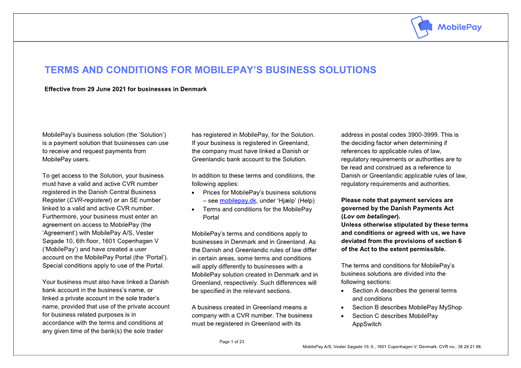 Terms and Conditions for Mobilepay's Business