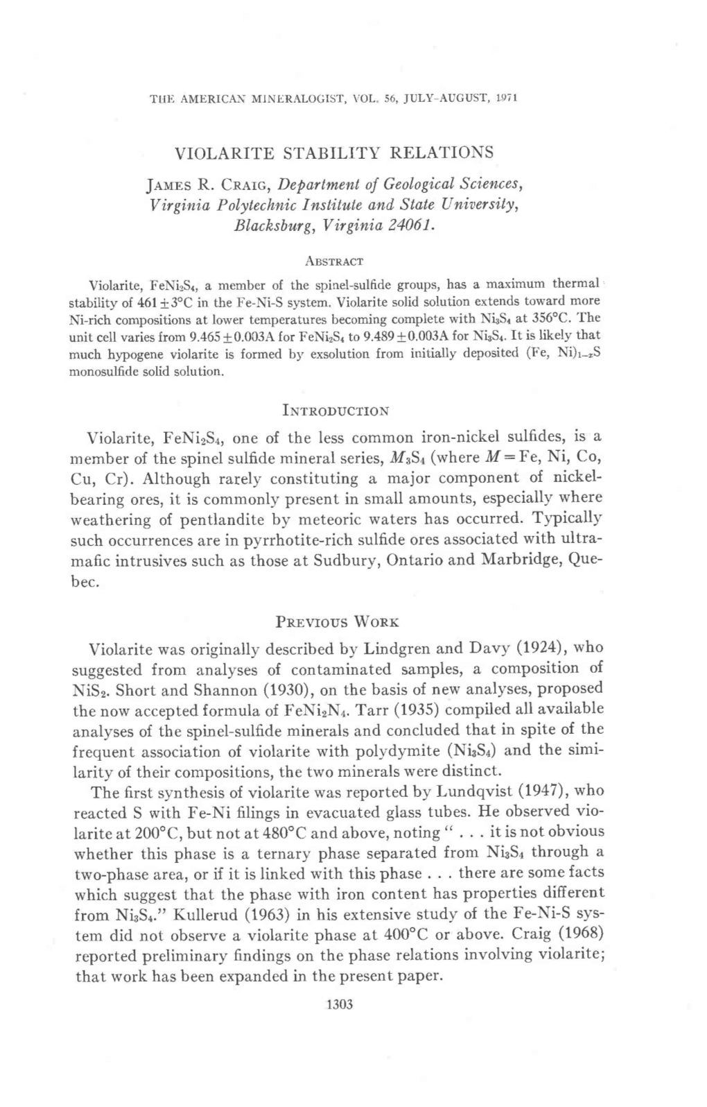 VIOLARITE STABILITY RELATIONS Jalms R. Cnarc, Department of Geological, Sciences, Virginia Polytechnic Institute and State Uniae