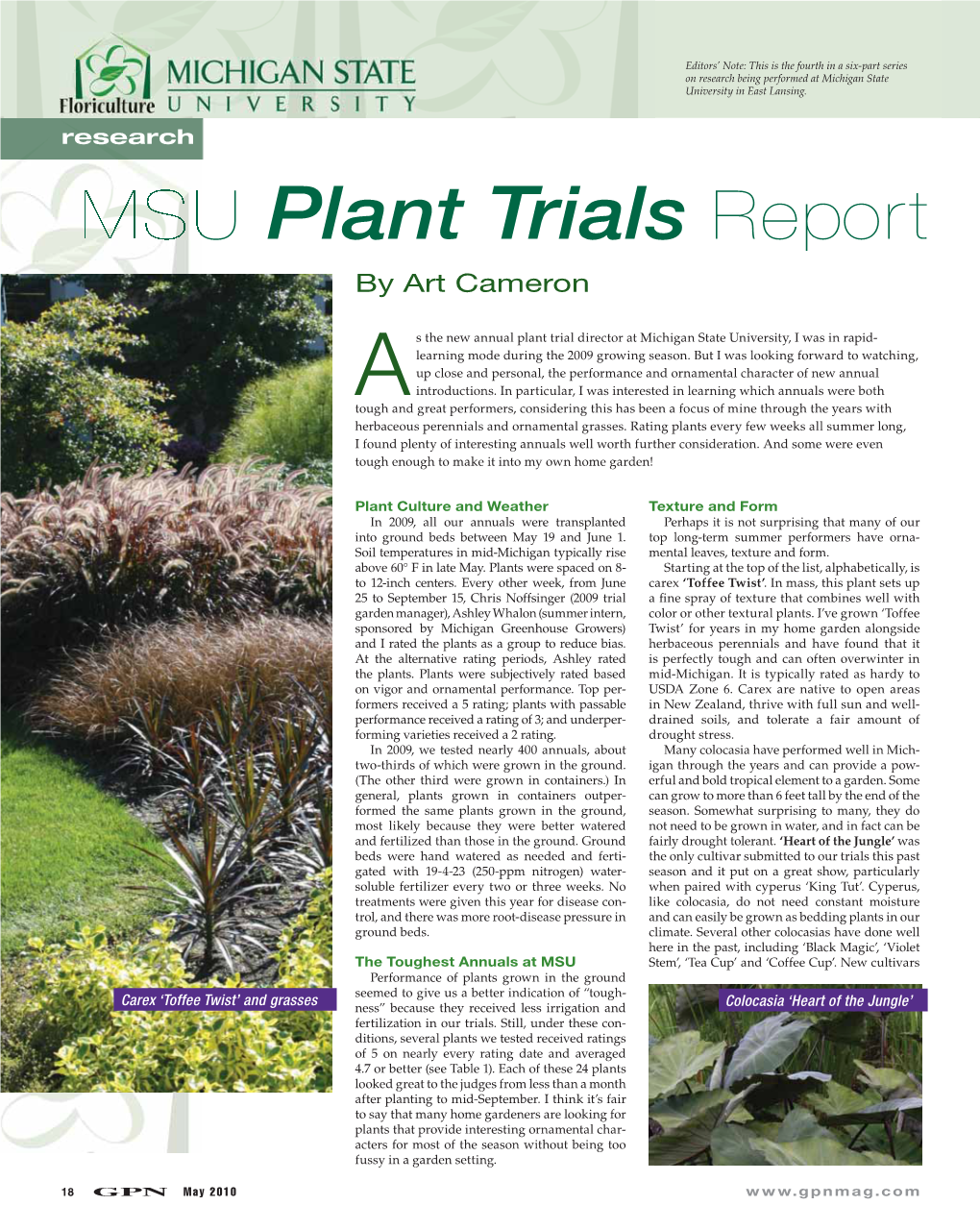 MSU Plant Trials Report by Art Cameron