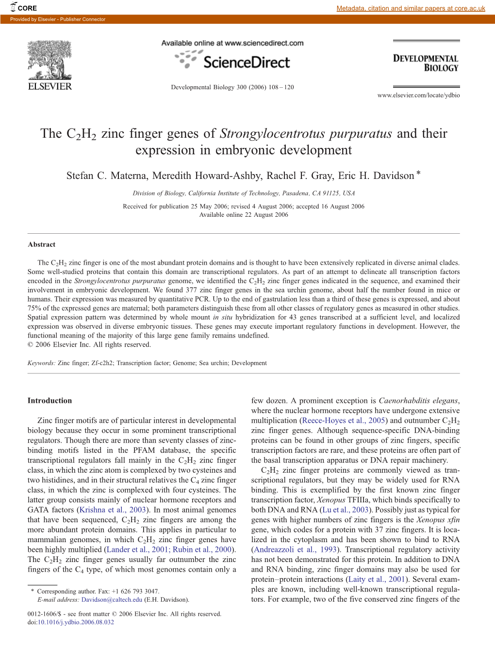 Strongylocentrotus Purpuratus and Their Expression in Embryonic Development ⁎ Stefan C