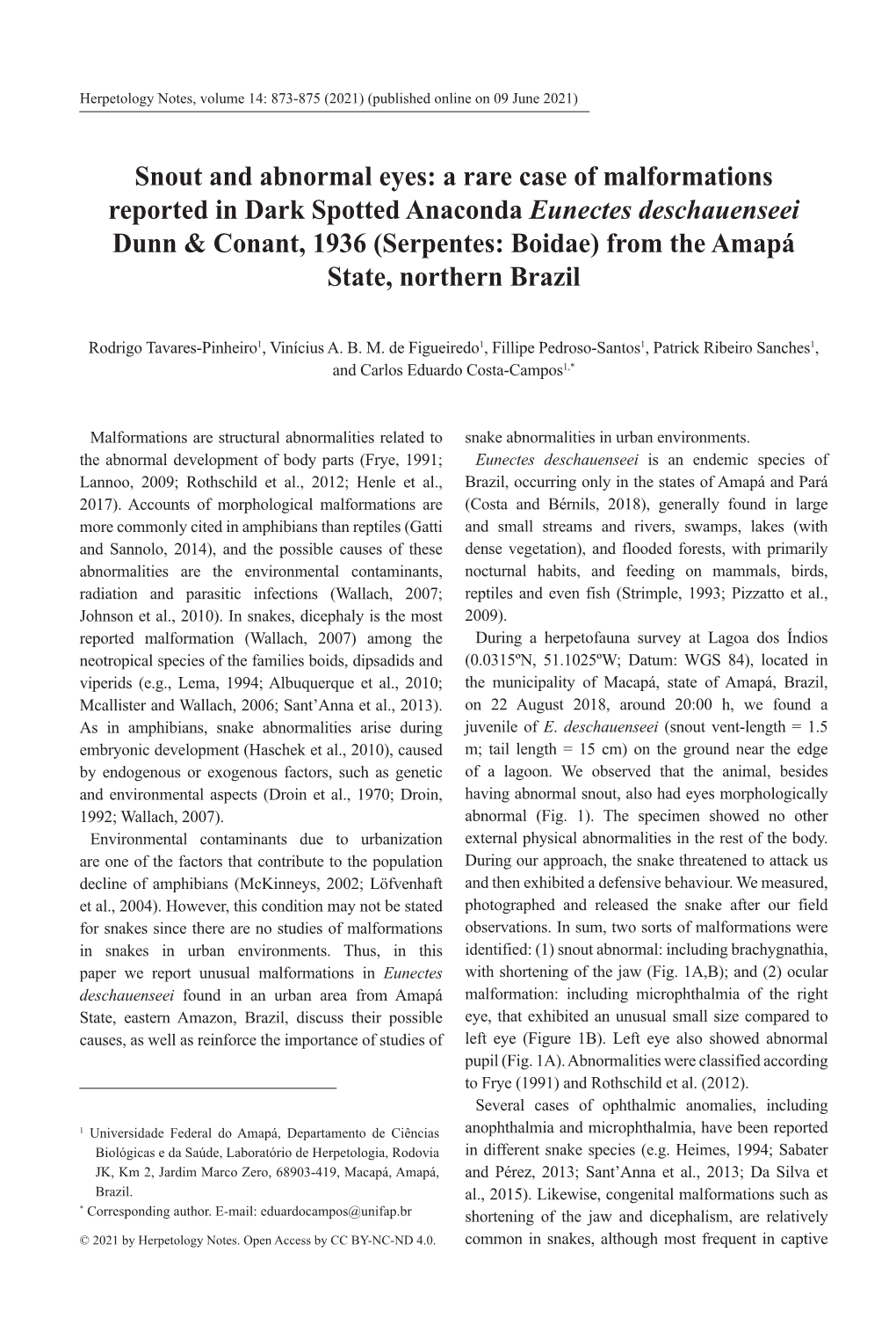 A Rare Case of Malformations Reported in Dark Spotted Anaconda Eunectes Deschauenseei Dunn & Conant, 1936 (Serpentes: Boidae) from the Amapá State, Northern Brazil