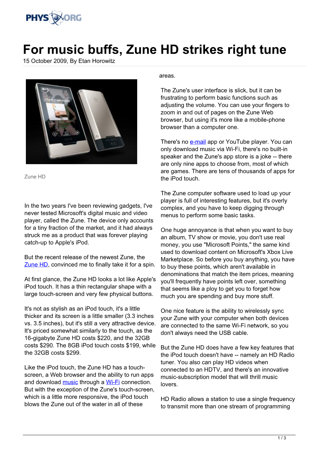 For Music Buffs, Zune HD Strikes Right Tune 15 October 2009, by Etan Horowitz