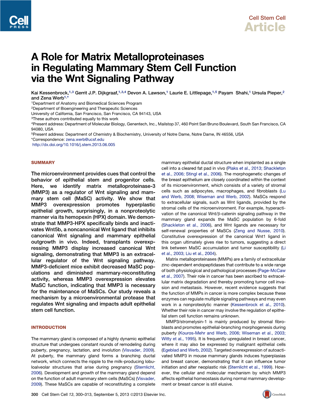 A Role for Matrix Metalloproteinases in Regulating Mammary Stem Cell Function Via the Wnt Signaling Pathway