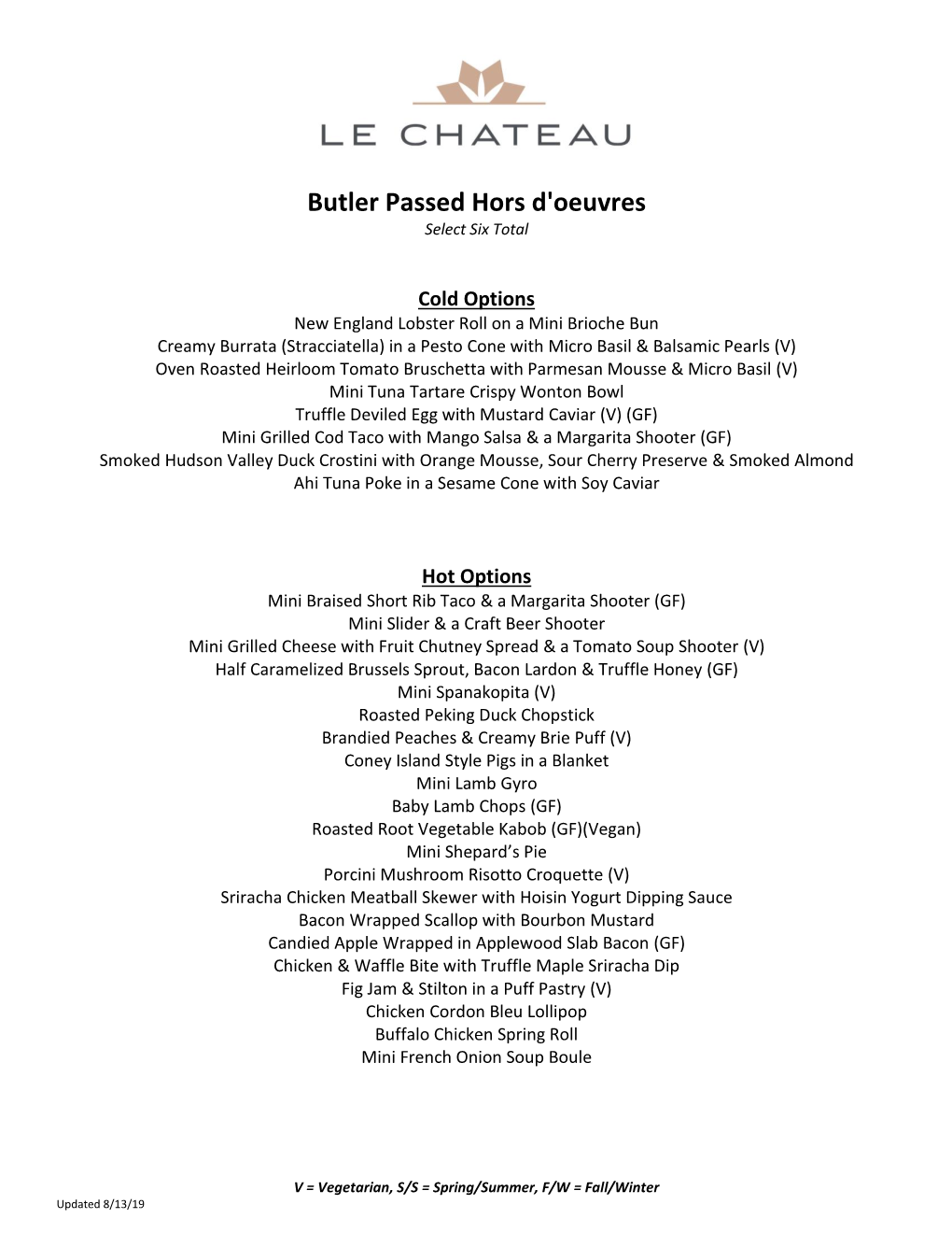 Butler Passed Hors D'oeuvres Select Six Total