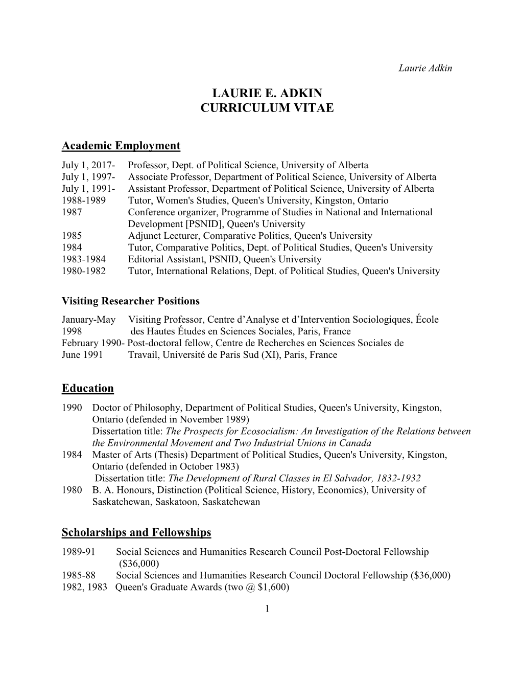 Laurie E. Adkin Curriculum Vitae