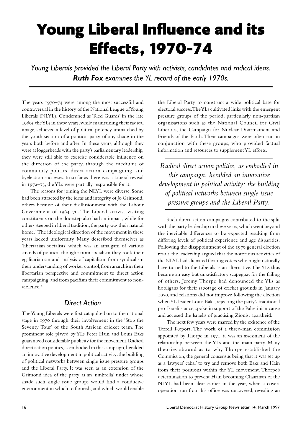 Young Liberal Influence and Its Effects, 1970–74 Young Liberals Provided the Liberal Party with Activists, Candidates and Radical Ideas