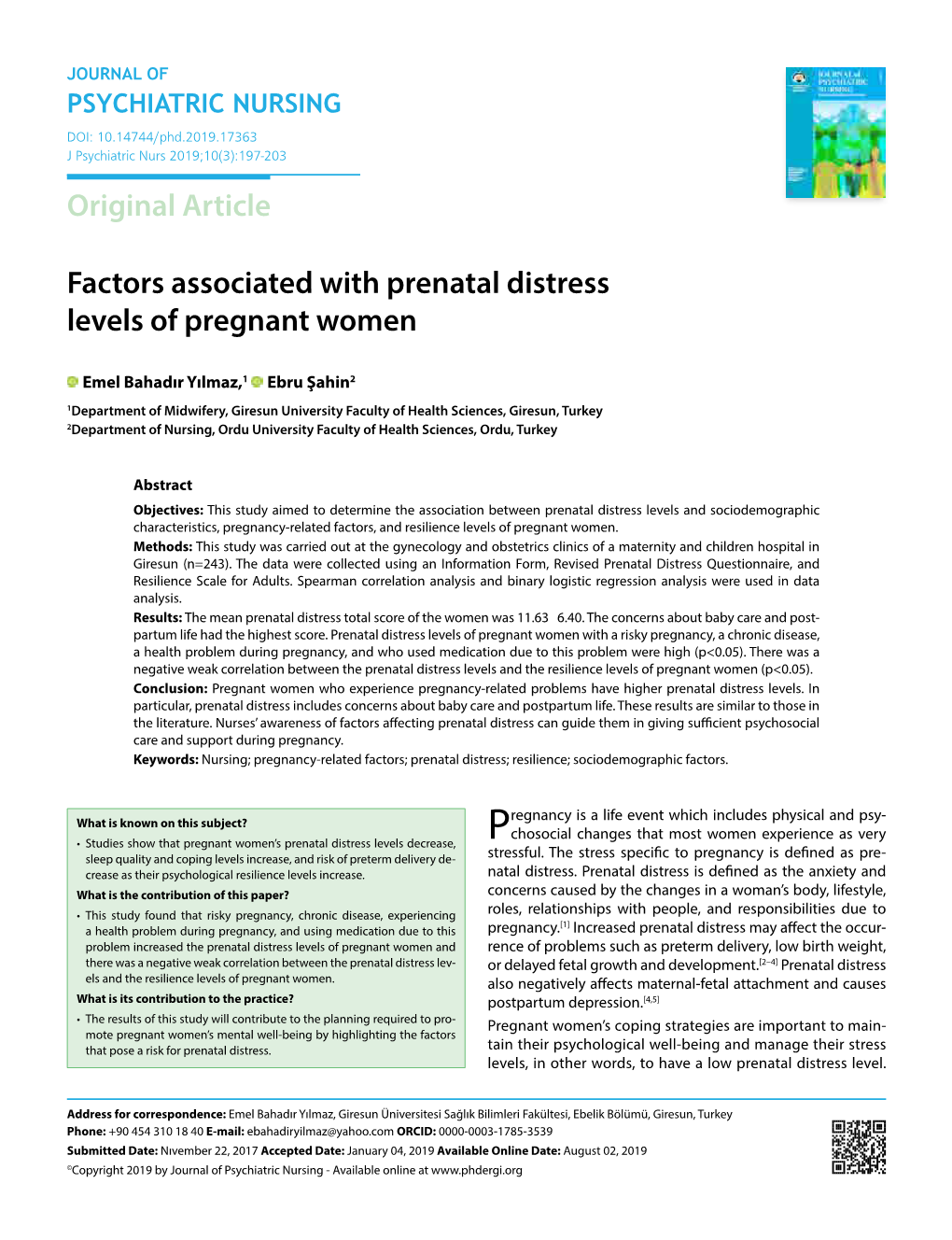 Original Article Factors Associated with Prenatal Distress Levels Of