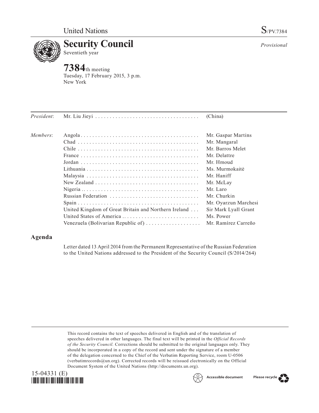 Security Council Provisional Asdf Seventieth Year 7384Th Meeting Tuesday, 17 February 2015, 3 P.M